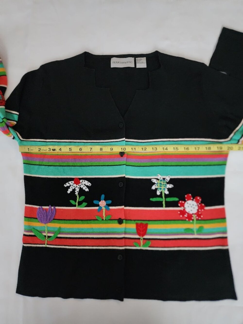 Sharon Young Vintage Striped Embroidered Floral Button Front Cardigan‎ Women's L - Picture 8 of 11